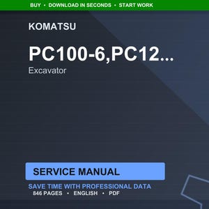Op de afbeelding: Een digitale servicemanual voor Komatsu PC100-6 en PC12 graafmachines. De omslag is donkerblauw met witte tekst, waaronder "KOMATSU", "PC100-6, PC12..." en "Excavator". De handleiding is 846 pagina's en in het Engels.