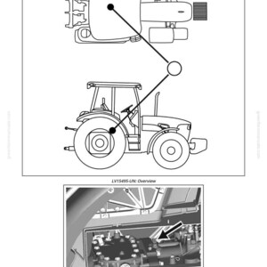 Pu&ograve; includere: Schema di un trattore, con una panoramica e dettagli sulla posizione. La vista dall'alto mostra il contorno del trattore, collegato da linee a una vista laterale e a un primo piano di un componente con una freccia. Il testo include "LV15495-UN: Overview" e "PULV001309-UN: Location".