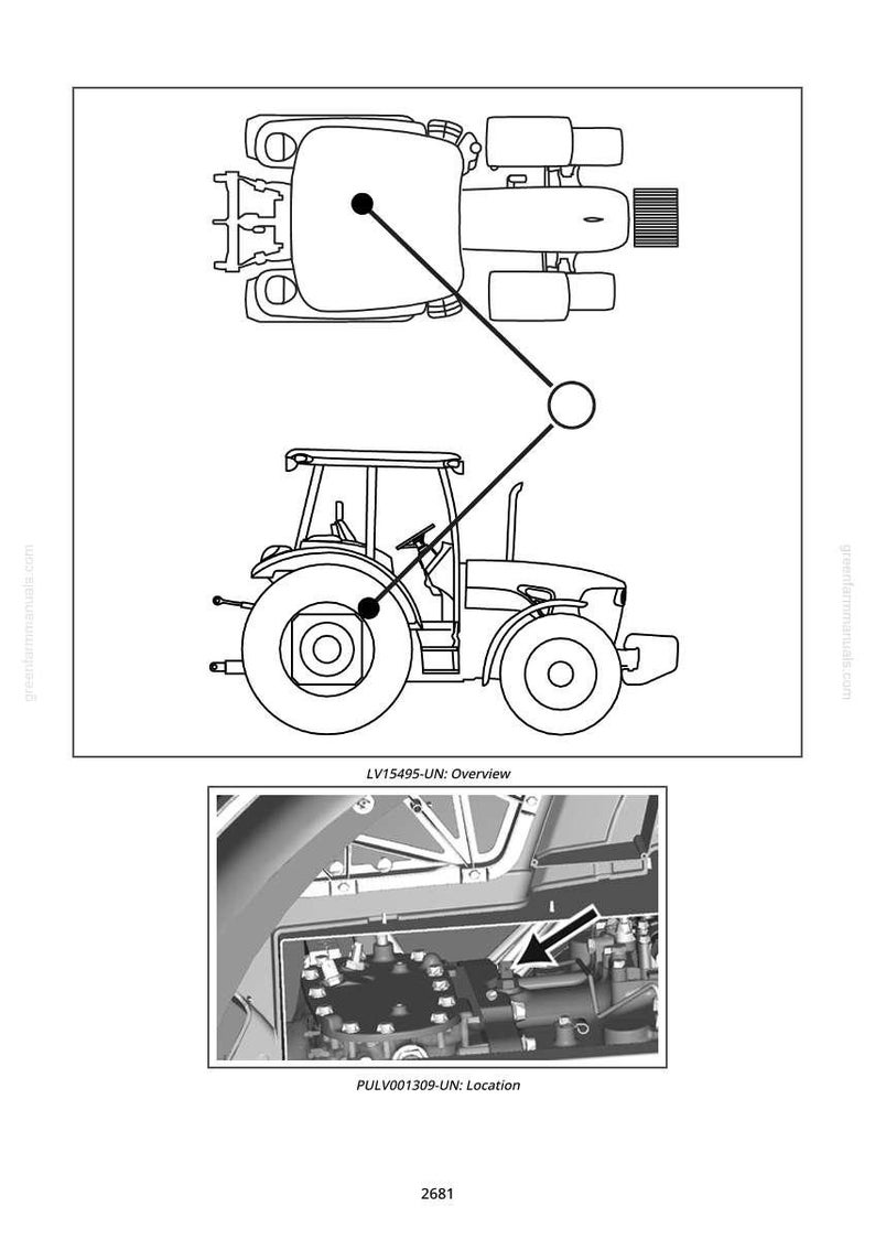 Pu&ograve; includere: Schema di un trattore, con una panoramica e dettagli sulla posizione. La vista dall'alto mostra il contorno del trattore, collegato da linee a una vista laterale e a un primo piano di un componente con una freccia. Il testo include "LV15495-UN: Overview" e "PULV001309-UN: Location".