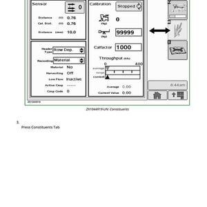 Puede incluir: Pantalla digital de una cosechadora GreenStar 2. La pantalla muestra lecturas de sensores, datos de calibraci&oacute;n e informaci&oacute;n de rendimiento. El texto incluye "Constituyentes", "Distancia" y "Calfactor". La hora mostrada es 8:44 am.