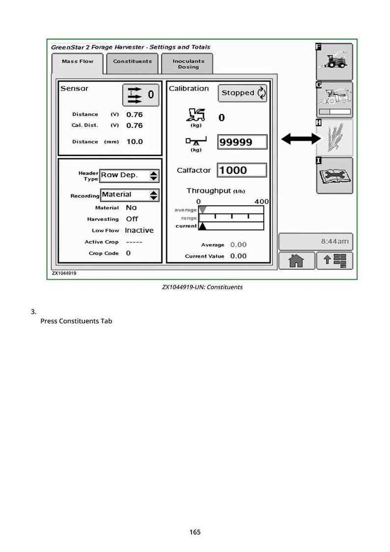 Puede incluir: Pantalla digital de una cosechadora GreenStar 2. La pantalla muestra lecturas de sensores, datos de calibraci&oacute;n e informaci&oacute;n de rendimiento. El texto incluye "Constituyentes", "Distancia" y "Calfactor". La hora mostrada es 8:44 am.