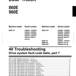 May include: Shop manual page for a Dump Truck, featuring the models 860E and 960E. The document includes machine models, serial numbers, and a troubleshooting table for drive system fault codes.