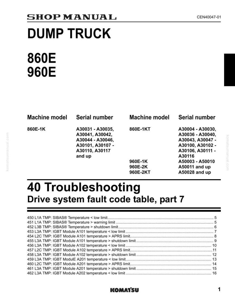 May include: Shop manual page for a Dump Truck, featuring the models 860E and 960E. The document includes machine models, serial numbers, and a troubleshooting table for drive system fault codes.