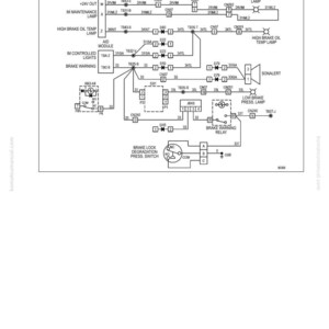 K&ouml;nnte beinhalten: Ein detailliertes Schaltbild mit Textbeschriftungen und Symbolen, einschlie&szlig;lich Komponenten wie Lampen, Relais und Schaltern. Das Diagramm veranschaulicht elektrische Verbindungen und Pfade, mit Beschriftungen wie "High Brake Oil Temp Lamp" und "Brake Warning Relay".