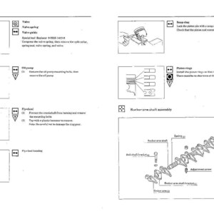 Puede incluir: Una p&aacute;gina de un manual de reparaci&oacute;n de motores con diagramas y texto. Las ilustraciones incluyen componentes de v&aacute;lvulas, una bomba de aceite, un volante y un conjunto de balancines. El texto proporciona instrucciones para procedimientos del motor.