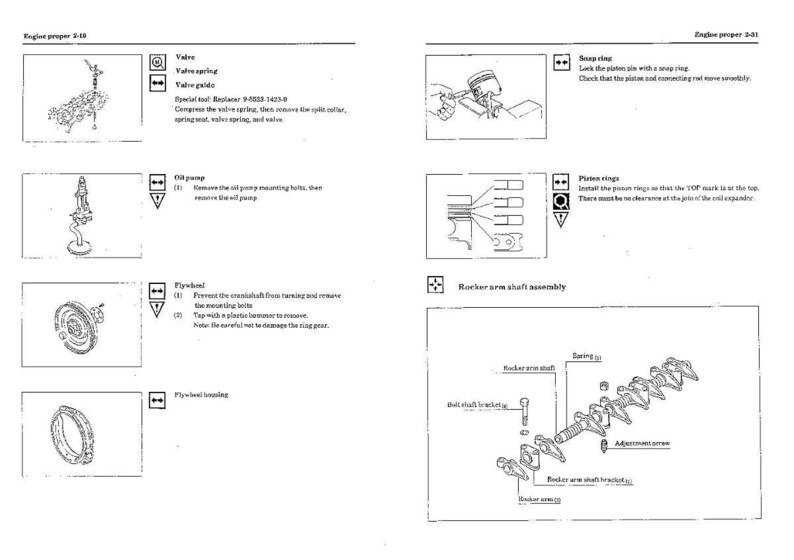 Puede incluir: Una p&aacute;gina de un manual de reparaci&oacute;n de motores con diagramas y texto. Las ilustraciones incluyen componentes de v&aacute;lvulas, una bomba de aceite, un volante y un conjunto de balancines. El texto proporciona instrucciones para procedimientos del motor.