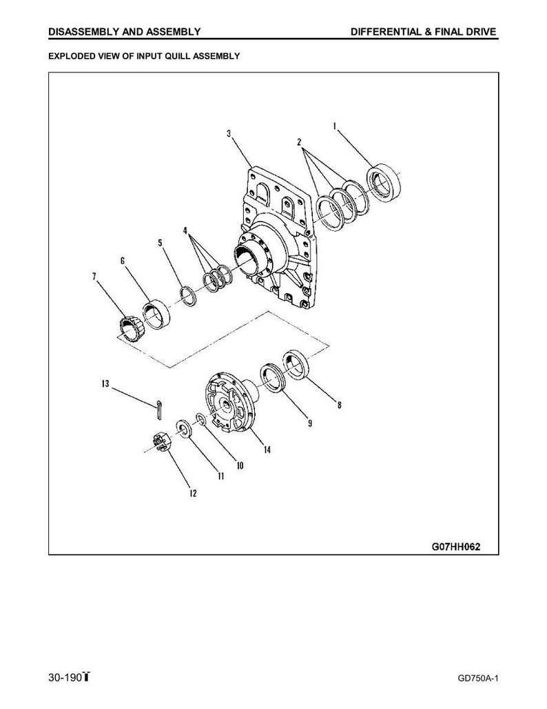 May include: An exploded view diagram of a differential and final drive assembly. The image shows various mechanical components, including bearings, housings, and fasteners, labeled with numbers. Text at the top reads "DISASSEMBLY AND ASSEMBLY" and "DIFFERENTIAL & FINAL DRIVE".