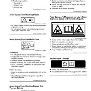 May include: A page of safety labels with warning symbols and instructions for machinery operation. The labels cover topics such as avoiding injury from rotating blades, explosive gases, and engine damage. The page includes diagrams and safety precautions.