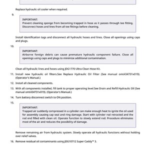 May include: A page of instructions with numbered steps and "IMPORTANT" notes. The text details procedures for hydraulic oil maintenance, including cleaning, filter replacement, and air removal. The page includes a small footer with the number 128.