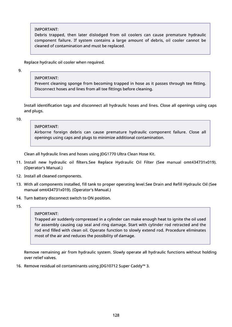 May include: A page of instructions with numbered steps and "IMPORTANT" notes. The text details procedures for hydraulic oil maintenance, including cleaning, filter replacement, and air removal. The page includes a small footer with the number 128.