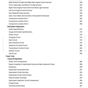 May include: A detailed schematic of a system, likely for a vehicle or heavy machinery, with a list of components and their corresponding page numbers. The text includes terms like "Engine," "Harness," and "Circuit."