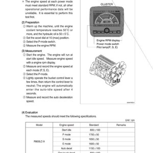 May include: A page from a manual detailing engine speed measurement. It includes instructions, a diagram of an engine RPM display, and a schematic of an engine. The text provides steps for measuring engine speed at different power modes and evaluating the results.