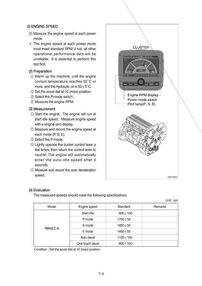 May include: A page from a manual detailing engine speed measurement. It includes instructions, a diagram of an engine RPM display, and a schematic of an engine. The text provides steps for measuring engine speed at different power modes and evaluating the results.