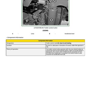 May include: Diagram of a trailer control valve for dual-circuit braking. The image includes a close-up of the valve, labeled LX1033738, with lines and a handbrake lever. Text provides component information and the theory of operation.