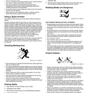 Puede incluir: P&aacute;gina de instrucciones de seguridad para cortac&eacute;spedes, con advertencias sobre cuchillas giratorias y prevenci&oacute;n de accidentes. Incluye diagramas y texto sobre procedimientos operativos seguros, instrucciones de estacionamiento y arrestadores de chispas.