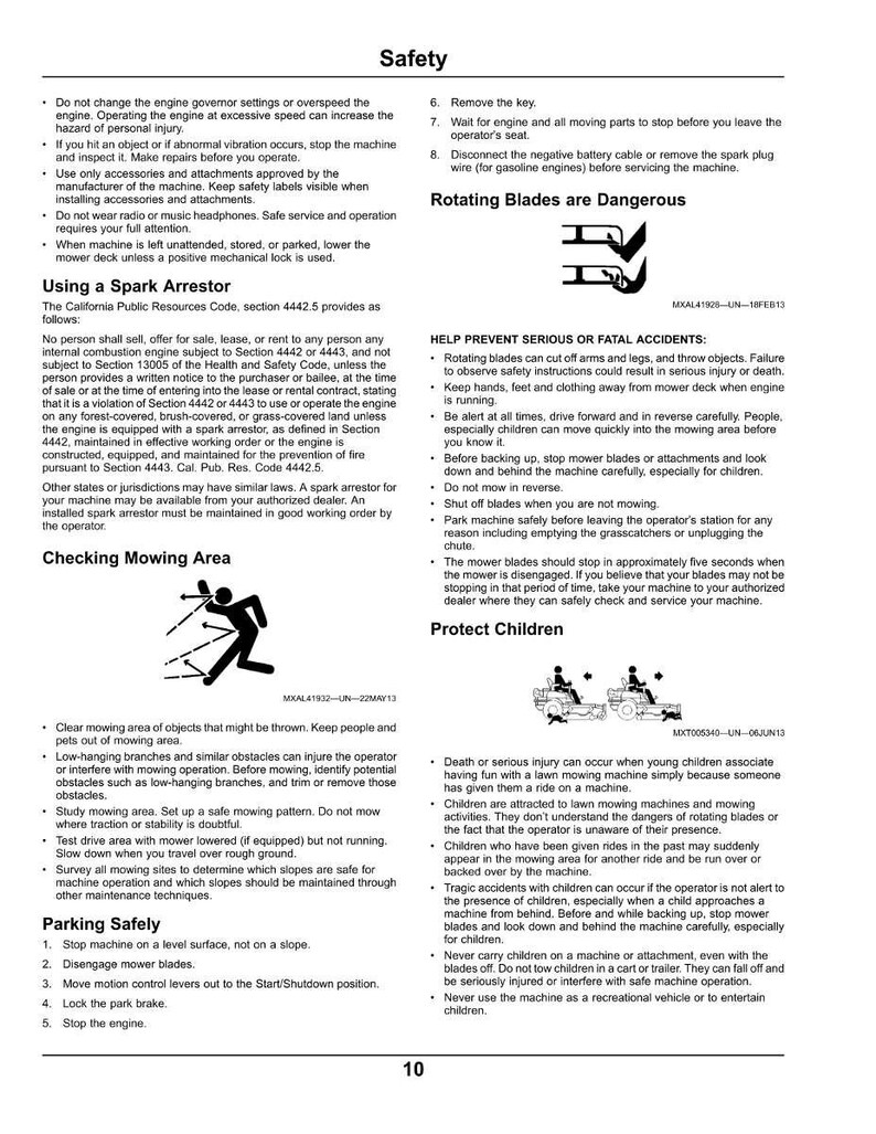 Puede incluir: P&aacute;gina de instrucciones de seguridad para cortac&eacute;spedes, con advertencias sobre cuchillas giratorias y prevenci&oacute;n de accidentes. Incluye diagramas y texto sobre procedimientos operativos seguros, instrucciones de estacionamiento y arrestadores de chispas.