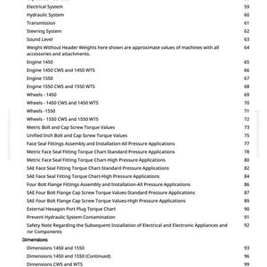May include: A white page from a manual with a table of contents listing various tractor systems and components. The text includes "Straw Walkers," "Cleaning System," and "Engine 1450."
