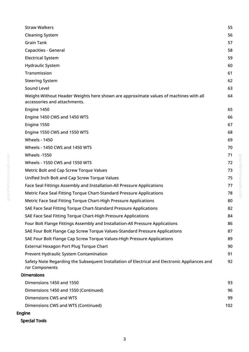 May include: A white page from a manual with a table of contents listing various tractor systems and components. The text includes "Straw Walkers," "Cleaning System," and "Engine 1450."