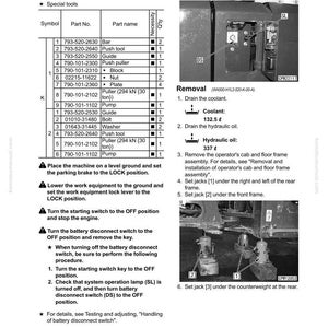 May include: A page from a Komatsu WA500-7 service manual detailing the removal and installation of a center hinge pin. The page includes a parts list, diagrams, and instructions for disassembly and assembly, with measurements in pounds.