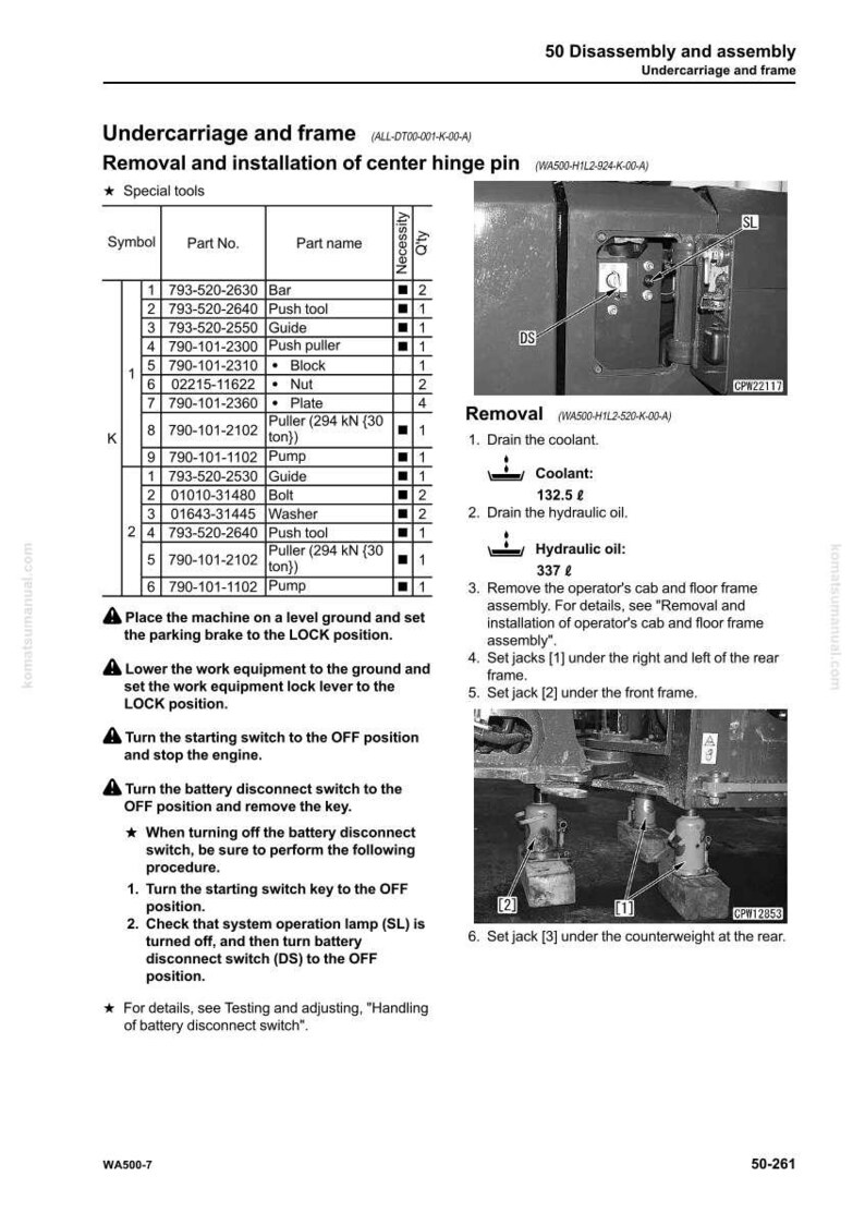 May include: A page from a Komatsu WA500-7 service manual detailing the removal and installation of a center hinge pin. The page includes a parts list, diagrams, and instructions for disassembly and assembly, with measurements in pounds.