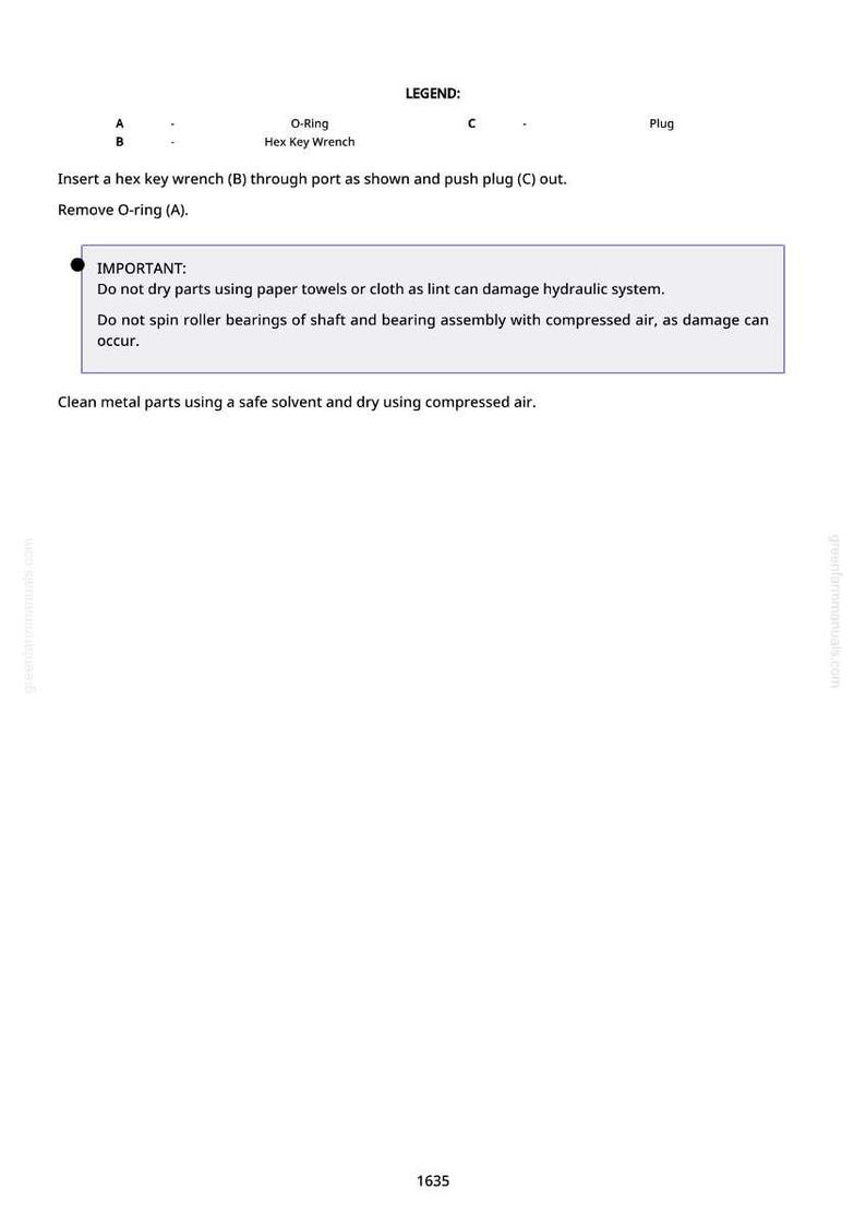 May include: A technical diagram with instructions for mechanical maintenance. The image includes text, a legend, and steps for removing an O-ring and plug. The text warns against using paper towels and compressed air.