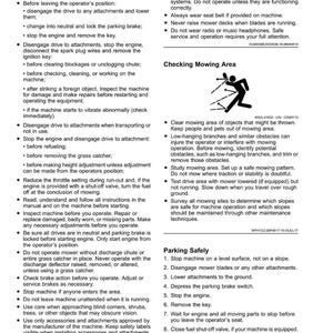 May include: A safety manual page for a lawn mower, with black text on a white background. It details safety procedures, including pre-operation checks, mowing area inspection, and safe parking guidelines for the machine.