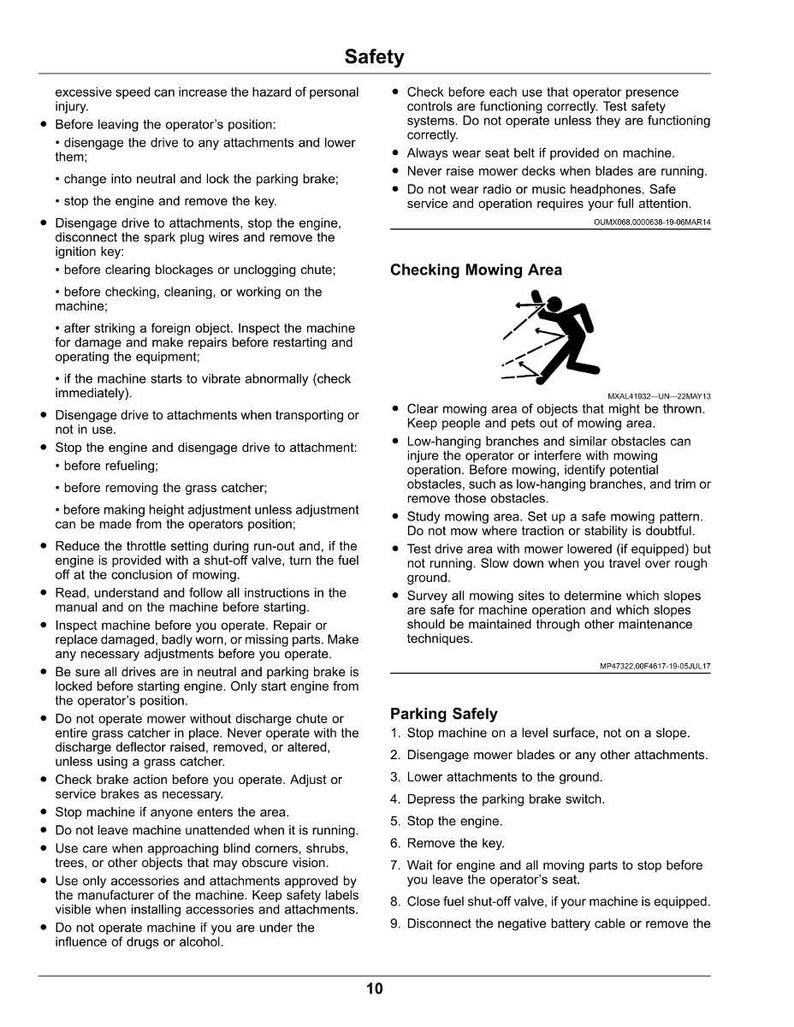 May include: A safety manual page for a lawn mower, with black text on a white background. It details safety procedures, including pre-operation checks, mowing area inspection, and safe parking guidelines for the machine.