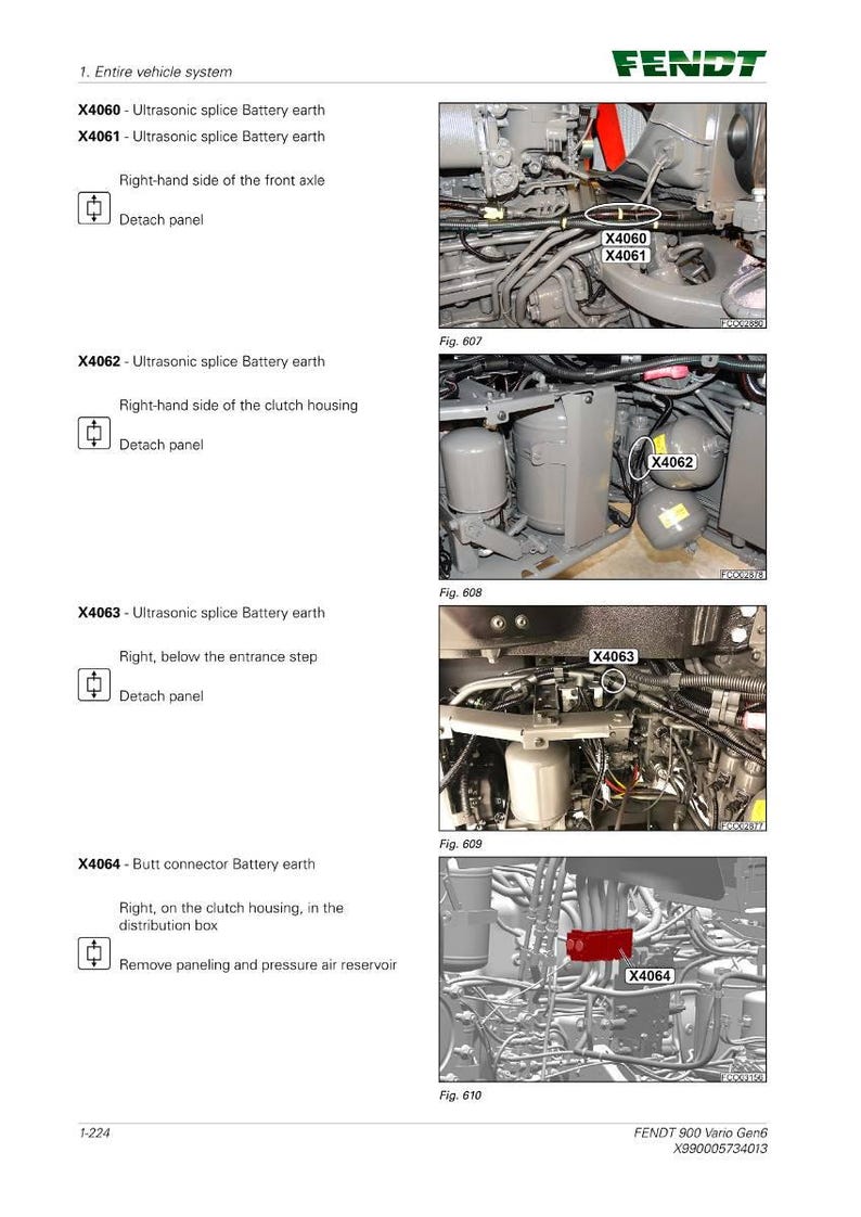 May include: A page from a Fendt 900 Vario Gen6 manual, detailing the entire vehicle system. Diagrams show ultrasonic splice battery earth locations and butt connector battery earth, with labels like X4060, X4061, X4062, X4063, and X4064.