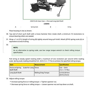 May include: Diagram of a gear case with a pre-load long quill shaft, spring scale, and string. Text includes instructions for adjusting rolling torque and specifications for force and torque measurements in Newtons and pound-inches.