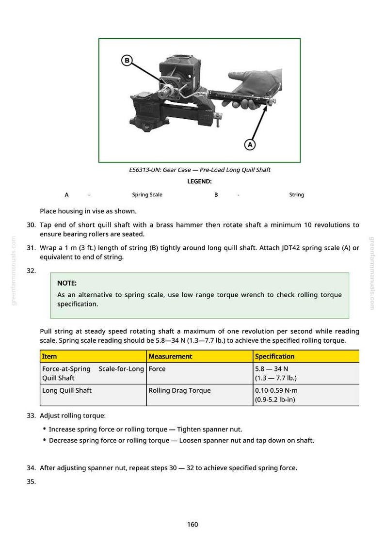 May include: Diagram of a gear case with a pre-load long quill shaft, spring scale, and string. Text includes instructions for adjusting rolling torque and specifications for force and torque measurements in Newtons and pound-inches.