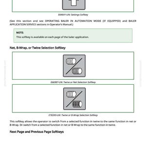 May include: Diagram of softkey icons for a baler application. Includes icons for settings, twine or net selection, and B-wrap selection. Text includes descriptions of each softkey function.