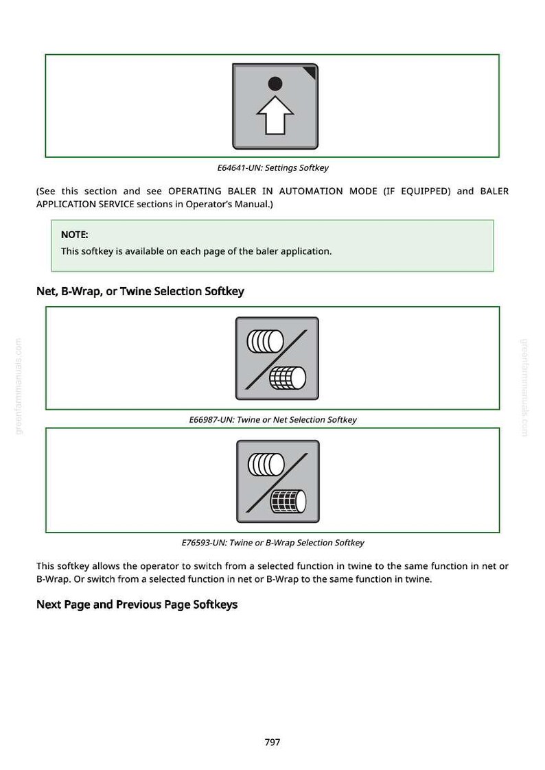 May include: Diagram of softkey icons for a baler application. Includes icons for settings, twine or net selection, and B-wrap selection. Text includes descriptions of each softkey function.