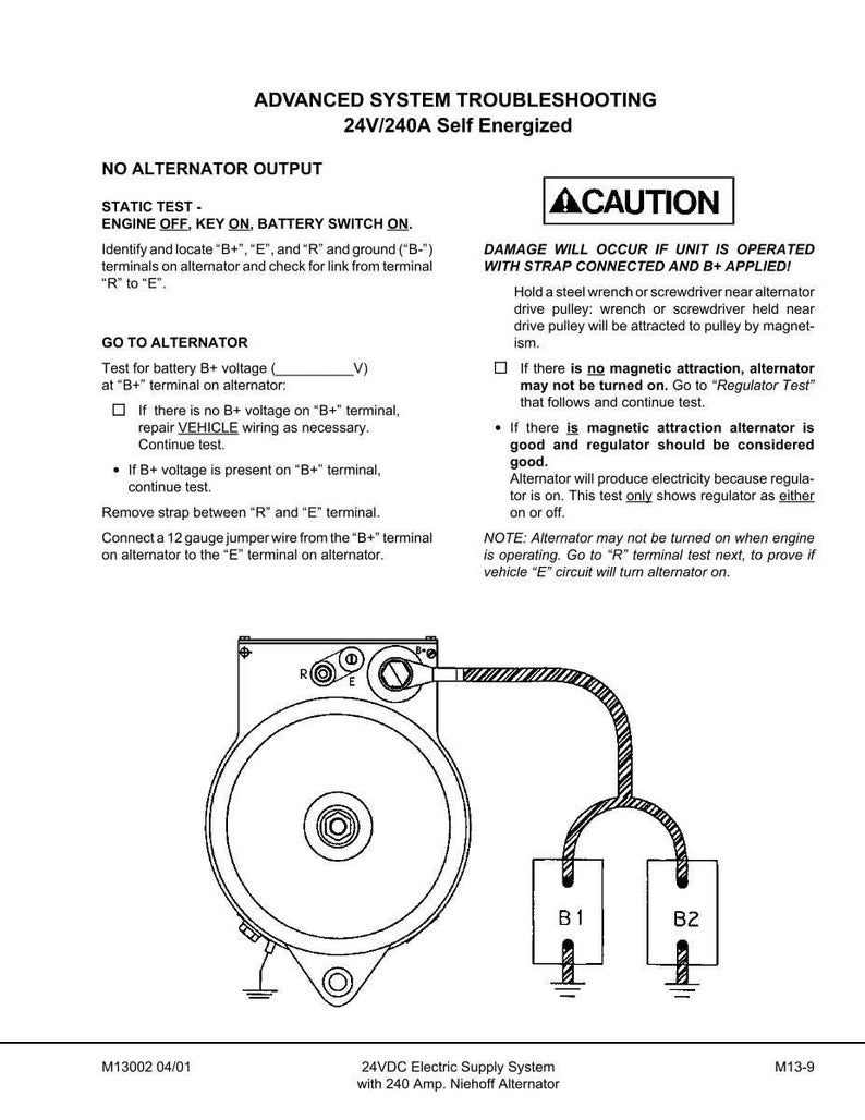 May include: Diagram of an alternator with troubleshooting instructions. The text reads "ADVANCED SYSTEM TROUBLESHOOTING 24V/240A Self Energized" and includes steps for testing and identifying issues. The image shows the alternator and its components.