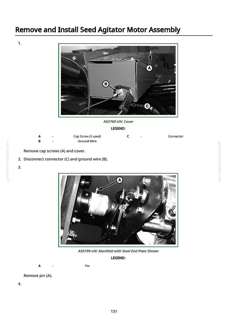 以下が含まれることがあります： 種子攪拌機モーターアセンブリの取り外しと取り付けを示す図。画像には、カバー、キャップスクリュー、アース線、スチールエンドプレート付きのマニホールドなどのコンポーネントのクローズアップが含まれています。テキストラベルは部品を識別します。