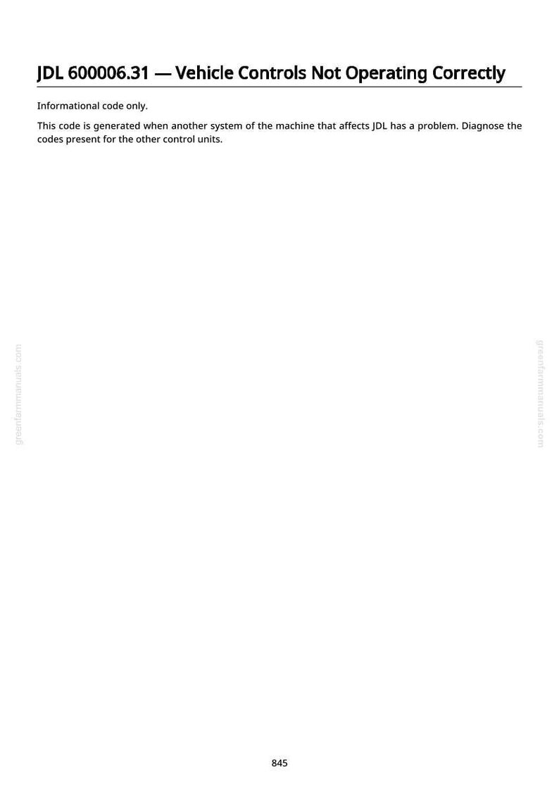 May include: A white page with the text "JDL 600006.31 - Vehicle Controls Not Operating Correctly". The text is in black, with additional text below describing the code's function and purpose. The page also includes the website address "greenfarmmanuals.com".