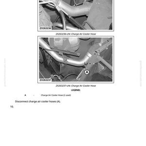 May include: Two grayscale images showing sections of an engine with charge air cooler hoses. The images are labeled ZX263236 and ZX263237. Text indicates the hoses should be disconnected.