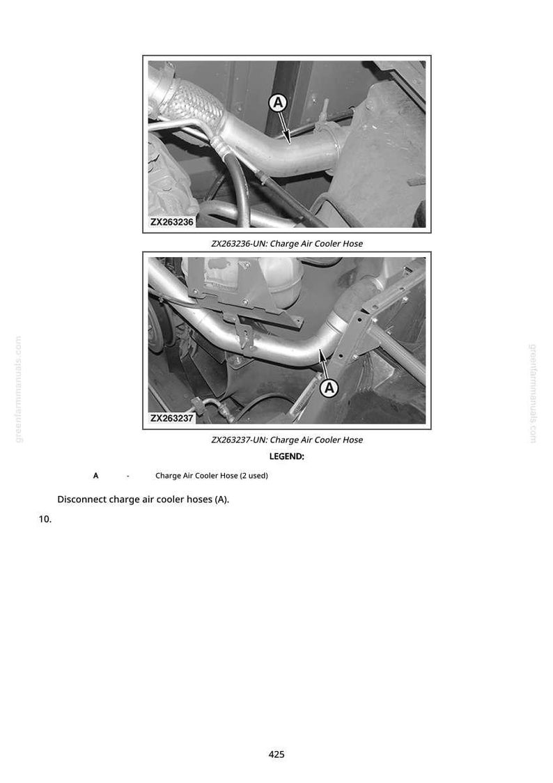 May include: Two grayscale images showing sections of an engine with charge air cooler hoses. The images are labeled ZX263236 and ZX263237. Text indicates the hoses should be disconnected.