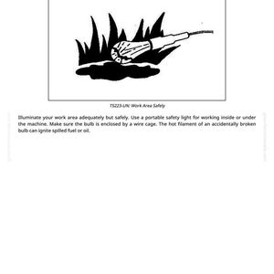 May include: Black and white illustration with the text "Illuminate Work Area Safely." The image depicts a portable safety light with a wire cage, surrounded by stylized flames. The text "TS223-UN: Work Area Safely" is also present.