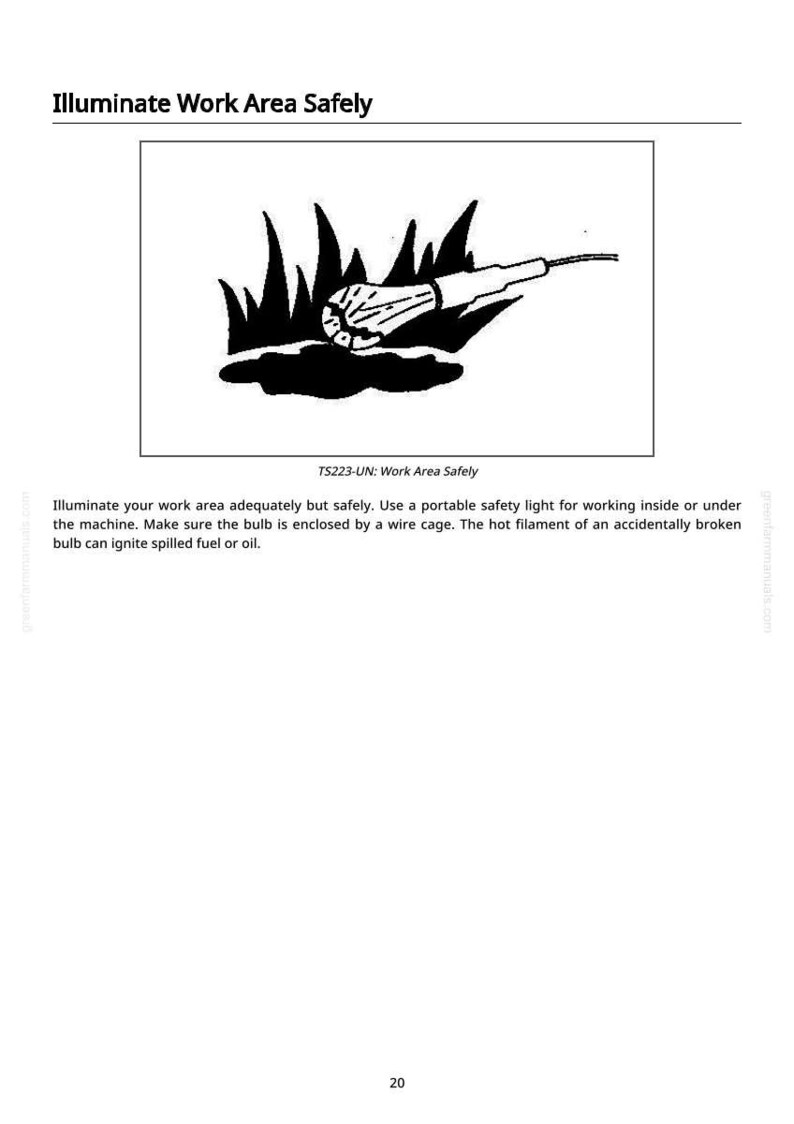 May include: Black and white illustration with the text "Illuminate Work Area Safely." The image depicts a portable safety light with a wire cage, surrounded by stylized flames. The text "TS223-UN: Work Area Safely" is also present.