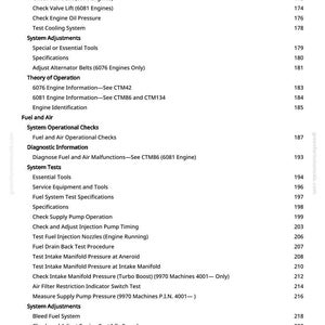 May include: A page from a manual with a table of contents for engine-related tests and adjustments. The text includes topics like engine compression, valve clearance, and fuel system checks. The page number is 4.