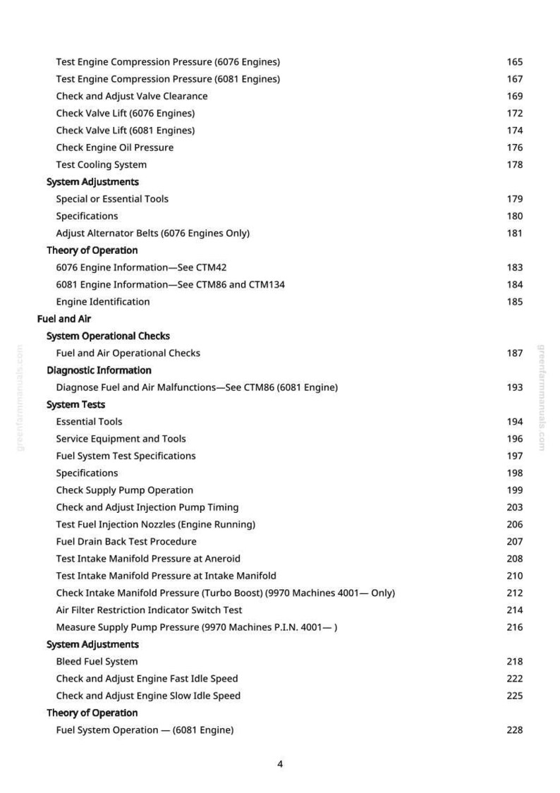 May include: A page from a manual with a table of contents for engine-related tests and adjustments. The text includes topics like engine compression, valve clearance, and fuel system checks. The page number is 4.