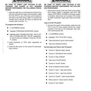 May include: A technical document with instructions for inverter programming and TCI checkout procedures. The document includes warnings, step-by-step guides, and diagrams for electrical system maintenance. The text is in black font on a white background.