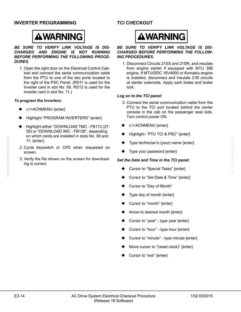 May include: A technical document with instructions for inverter programming and TCI checkout procedures. The document includes warnings, step-by-step guides, and diagrams for electrical system maintenance. The text is in black font on a white background.