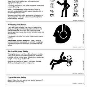 May include: A safety guide with text and illustrations. The guide covers topics like protective clothing, noise protection, and machine safety. Illustrations include a person wearing safety gear and a silhouette with headphones.