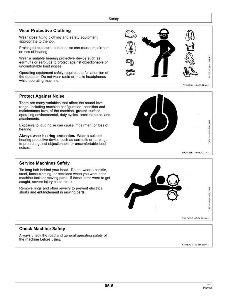 May include: A safety guide with text and illustrations. The guide covers topics like protective clothing, noise protection, and machine safety. Illustrations include a person wearing safety gear and a silhouette with headphones.