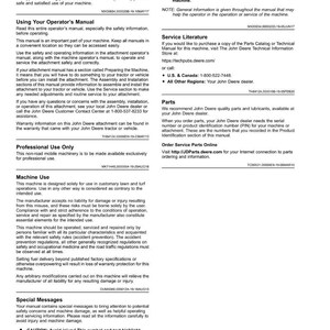 K&ouml;nnte beinhalten: Eine Seite aus einem John Deere Maschinenhandbuch mit dem Titel &bdquo;Einleitung&ldquo;. Das Handbuch enth&auml;lt Sicherheitsinformationen, Gebrauchsanweisungen und Kontaktdaten f&uuml;r Unterst&uuml;tzung. Es enth&auml;lt Warnungen und Anweisungen f&uuml;r den professionellen Gebrauch.