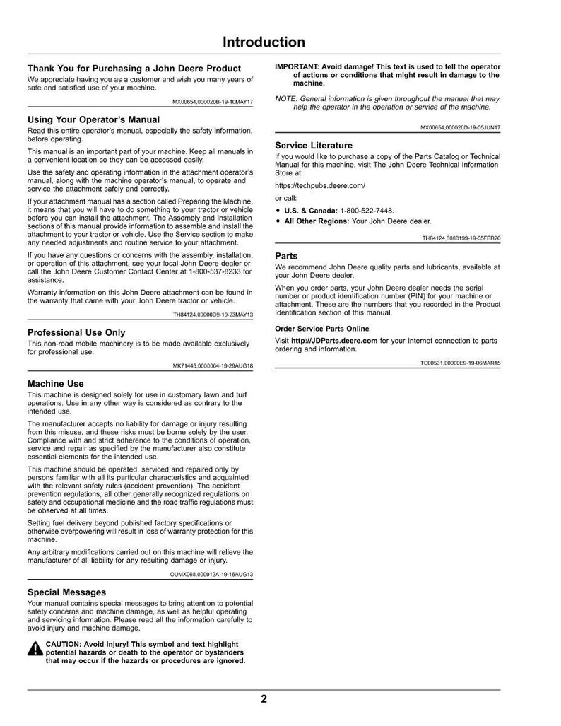 K&ouml;nnte beinhalten: Eine Seite aus einem John Deere Maschinenhandbuch mit dem Titel &bdquo;Einleitung&ldquo;. Das Handbuch enth&auml;lt Sicherheitsinformationen, Gebrauchsanweisungen und Kontaktdaten f&uuml;r Unterst&uuml;tzung. Es enth&auml;lt Warnungen und Anweisungen f&uuml;r den professionellen Gebrauch.
