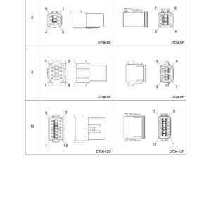 Pode incluir: Diagrama de conectores el&eacute;tricos, incluindo conectores f&ecirc;mea e macho. A imagem mostra conectores com 6, 8 e 12 pinos. Cada conector &eacute; rotulado com um n&uacute;mero de modelo, como DT06-6S e DT04-6P.