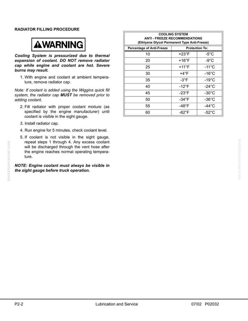 May include: A page from a manual detailing radiator filling procedures. It includes a warning about the cooling system's pressure and instructions for adding coolant. A table shows anti-freeze recommendations with temperature conversions.