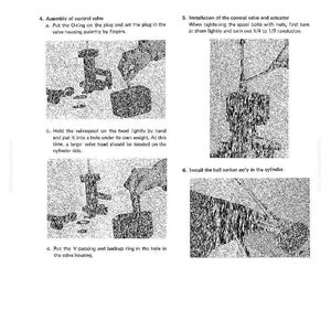 May include: Diagram of a cylinder assembly process, with text instructions and illustrations. The images show steps for assembling a control valve, including installing O-rings, spool bolts, and a ball socket. The text includes measurements and part names.